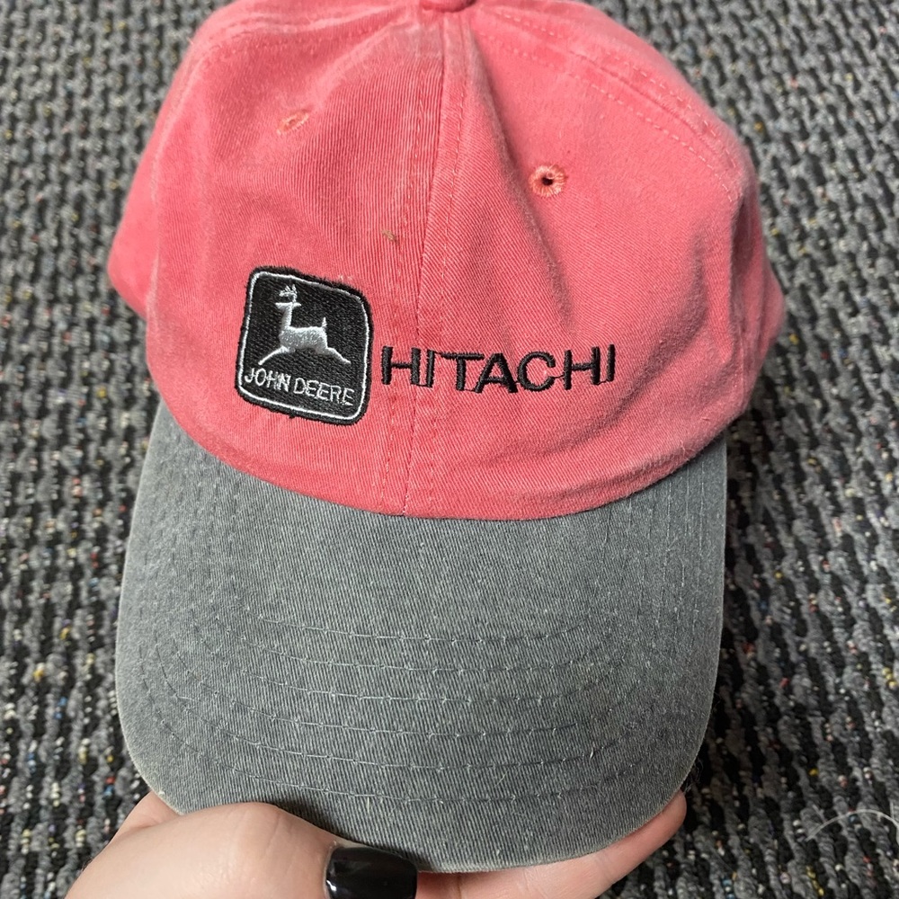 John Deere, Hitachi. Salmon and gray. One size.